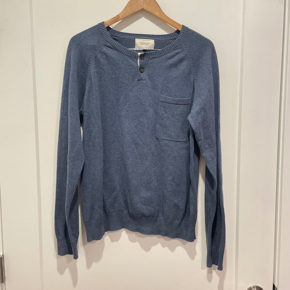 Frank & Oak Mens Henley Sweater Blue Cotton Knit‎ Pocket Pullover Large F113008